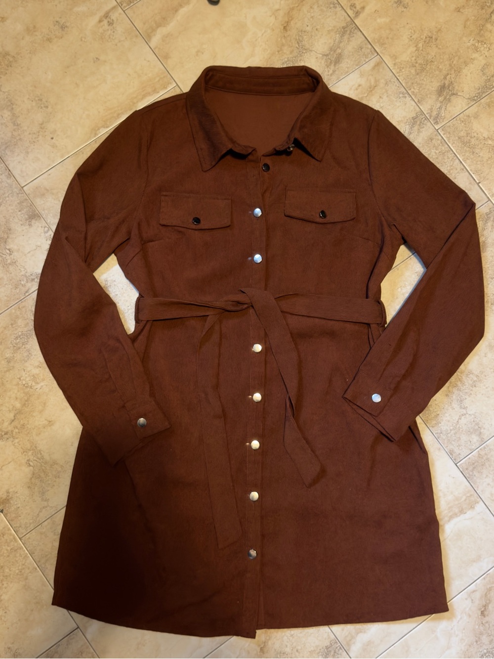 SHEIN Brown Corduroy Belted Shirt Dress